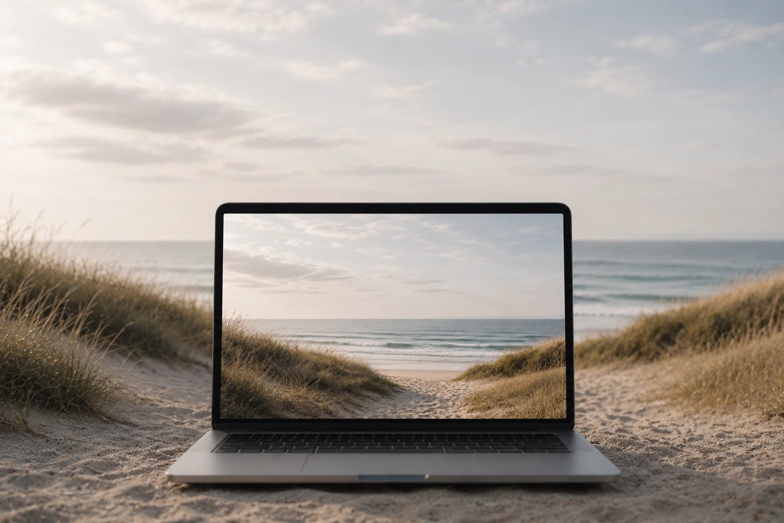 A laptop on a sandy beach path at dawn, its screen showing the same calm shoreline