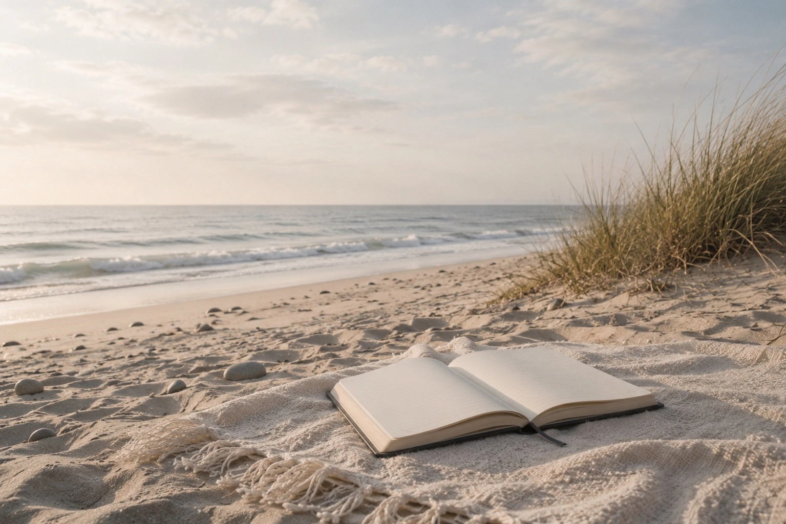 An open journal on the beach in calm morning light